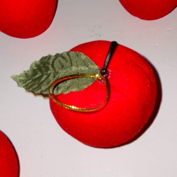 6 Vintage Flocked Red Apple Christmas Tree Ornaments - Picture 4 of 4